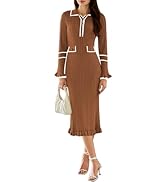 Pink Queen Women's V Neck Bodycon Sweater Dress 2024 Long Sleeve Half Button Slim Fitted Ruffle R...