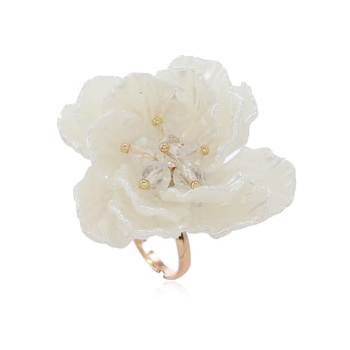 IMINI Bague Florale Ajustable Au Charme Blanc - Inspirée Du Camélia Et Du Cerisier En Nacre Anneau Confortable Et Élégant Pour Femme - Parfait Pour Mariage, Fête Ou Vacances