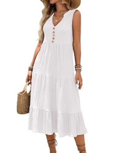 Image of HELYO Women's Casual Summer Dress 2026 Sleeveless V Neck Button Beach Sundress Tiered Ruffle Flows Skirt Midi Dresses