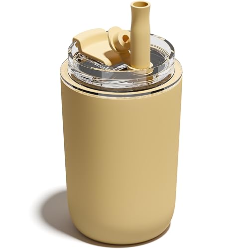 UIRZOTN 10 oz Insulated Coffee Tumblers, Travel Coffee Tumblers with Straw, Double-Wall Stainless Steel Tumbler, Leak Proof Tumbler, Reusable Cups with Lids for lced and Hot Drinks (Yellow)