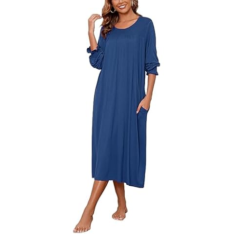 AVIIER Long Sleeve Nightgowns for Women Soft Cotton Victorian Night Gowns Ladies Sleepwear with Pockets Navy M Cover