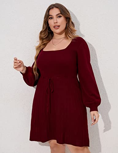 Image of Women's Plus Size Casual Sweater Dress Square Neck Long Lantern Sleeve Tie Waist Loose Pullover Sweater Dresses