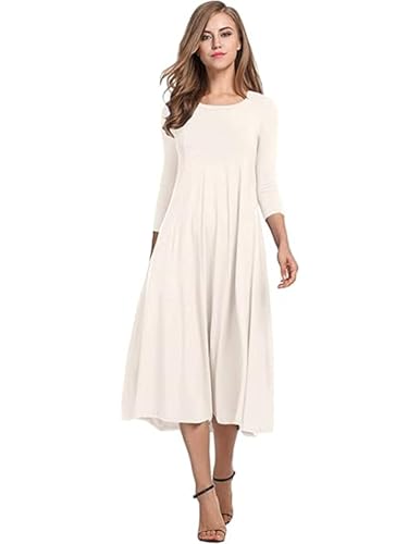 Hotouch Damen Kleider Elegante Midi Tunika Kleid A-Linie 3/4 Ärmel Kleid Rundhals Einfarbig Freizeitkleider Herbst Winter Kleider Weiß XL