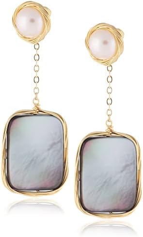 Amazon BrandAmazon Collection Pearl Dangle Earrings with Rectangle Black Shell 14K Gold Plating Handmade for Women Girl Gifts Present