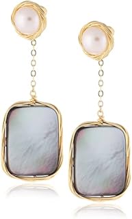 Amazon BrandAmazon Collection Pearl Dangle Earrings with Rectangle Black Shell 14K Gold Plating Handmade for Women Girl Gifts Present