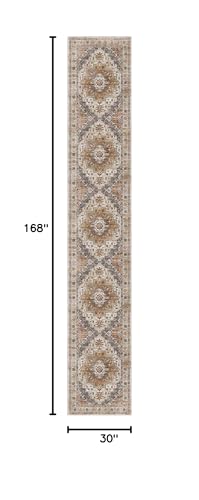 Madane Hallway Runner Rug 2'6''x14', Non Slip Vintage Runners for Hallways Washable Kitchen Rugs Soft Low Pile 2.5x14 ft Rug Runner for Laundry Room, Entryway and Bedroom, Turmeric/Grey