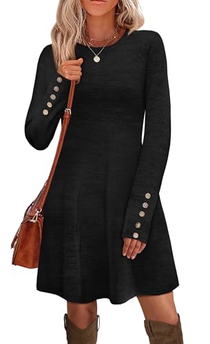 OFEEFAN Long Sleeve Dress for Women Crew Neck Tunic Dress with Pockets Decorative Buttons
