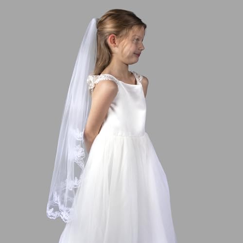Needzo White Tulle First Communion Veil for Girls, 32 Inches (Lace Cascading)2