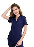 Green Town Scrubs for Women - 4 Pocket V-Neck Scrub Top, Stretch Fabric, Easy Care Uniforms-Navy/Indigo-Large