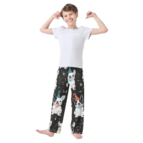 ZZXXB Happy New Year Bulldog Print Boys Long Pants Soft Trousers Elastic Waist Kids Lounge Bottoms with Pockets S-XL3