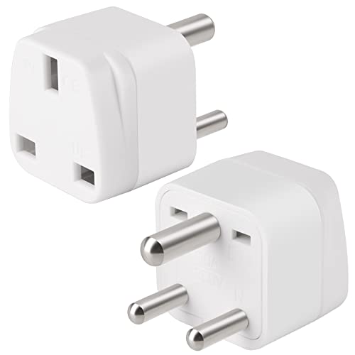 TENINYU 2-Pack UK to India Plug Adapters India Power Converter Grounded Universal Travel Adapter 3 Pin India International Type D Plug (White)