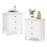 Giantex Nightstand with 3 Drawers Set of 2, Wooden Side End Table with Solid Wood Legs, Retro 3-Drawer Bedside Table Night Stand for Bedroom Home Office Small Space, Easy Assembly, White