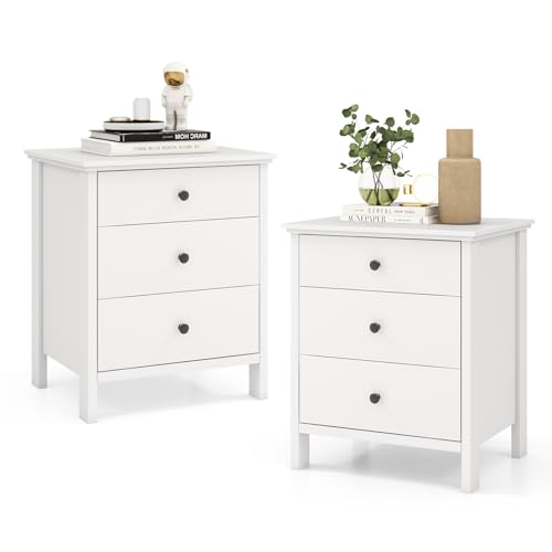 Giantex Nightstand with 3 Drawers Set of 2, Wooden Side End Table with Solid Wood Legs, Retro 3-Drawer Bedside Table Night Stand for Bedroom Home Office Small Space, Easy Assembly, White
