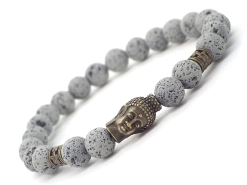 Bracelet homme perles pierre de lave grise et Bouddha pour look zen