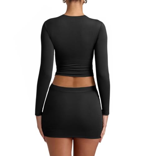 YFANG Women's Sexy Two Pieces Pencil Mini Skirt Set Long Sleeve Crew Neck Crop Top Short Bodycon Skirt Outfits3