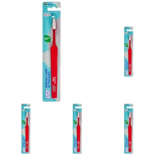 TEPE Special Care - Spazzolino da denti speciale ultra morbido, per un'igiene orale molto delicata, ideale per uso post-operatorio, misura regolare, colore rosso, 1 pz x confezione (Confezione da 5)