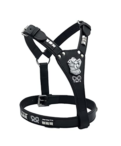 Pettorina Staffy in pelle per cani Staffordshire Bull Terrier con motivo testa e nodo Staffordshire Bullterrier (da 50 cm a 50 cm, colore nero con borchie argentate)