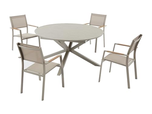 Vente-unique - Salle à Manger de Jardin en Aluminium : Une Table Ronde Extensible L.150/200 cm et 4 fauteuils empilables - Taupe - YOHA de MYLIA