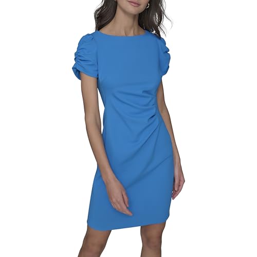 KARL LAGERFELD Women's Short Ruched Sleeve Jewel Neck Sheath Mini Dress