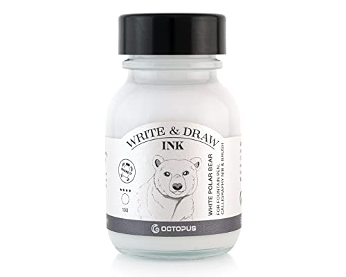 Octopus Write and Draw Ink 100 White Polar Bear, tinta resistente al agua para escribir y dibujar, tinta de caligrafía, tinta de dibujo resistente a la luz para pluma estilográfica, blanco, 50 ml