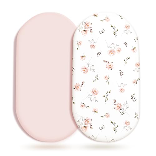 Image of Stretch Ultra Soft Fitted Bassinet Sheet Set 2 Pack, Universal Fit for Bassinets Baby Cradle Moses Basket Oval Rectangle Mattress Safe and Snug, Pink Rose Print