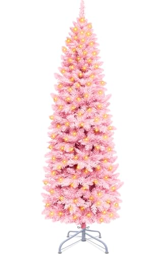 TURNMEON 6.5 Ft Pre-Lit Christmas Tree 250 LED Warm Lights Plug in 826 Branch Tips Artificial Pink Pencil Xmas Tree Premium Hinged Slim Christmas Decoration Indoor Outdoor Home Holiday Decor