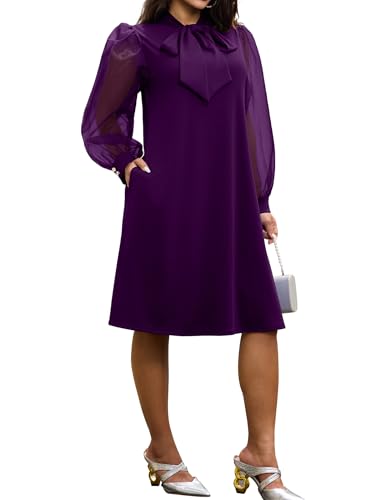 Ekaliy Women's Puff Sleeves A-Line Dress V Neck Bow Loose Flowy Cocktail Party Dress with Pockets2