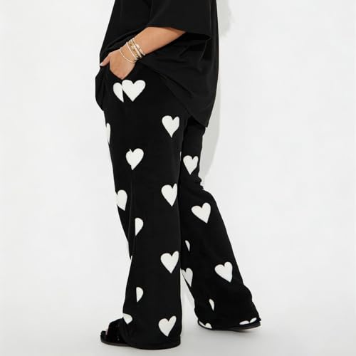 Image of Valentine's Day Flannel Pants Women's Romantic Heart Print Elastic Drawstring Waistband Wide Leg Loose Fit Trousers