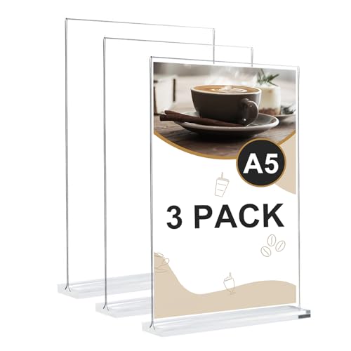 Samamoca A5 Acrylic Sign Holder 3Pack Double Side Display Acrylic Poster Menu Holder A5 Clear Poster Holder Perspex Display Stand Great for Restaurant Hotel Documents Office Shop (T-Shape)