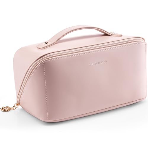 Vlando Makeup Bag,Large Capacity Travel Toiletry Bag,Cosmetic Bags for Women PU Leather Waterproof Portable Pouch with Divider & Handle-Pink 04.Pink