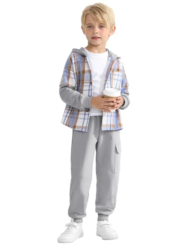 Image of 2Pcs Boys Clothes Sweatsuit Set Hoodie Flannel Plaid Shirt and Jogger Pants for Kids Fall Winter Spring Outfits