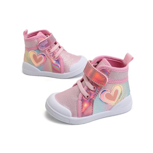 Toddler Girls Sequin Sparkly High Top Canvas Sneakers Kids Heart Print Glitter Walking Running Tennis Flat Shoes3