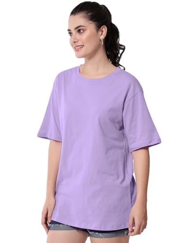 Image of LEOTUDE Women's cotton Oversized Fit Oversized Half Sleeve Tshirt, Round Neck Longline Drop Shoulder Solid T-Shirt