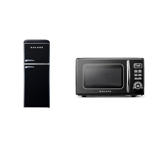 Image of Galanz GLR46TBKER Retro Compact Refrigerator with Freezer Mini Fridge & GLCMKZ07BKR07 Retro Countertop Microwave Oven with Auto Cook & Reheat