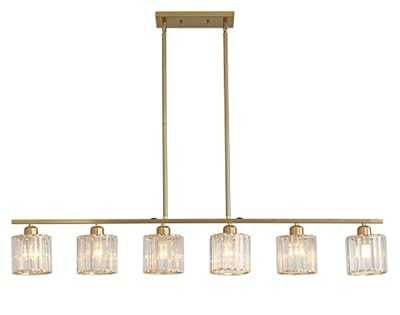 6 Lights Kitchen Island Lighting Linear Farmhouse Chandelier Modern Pendant Light Fixture Industrial Hanging Lighting with Glass Shades Gold for Barn Living Dining Room Hallway
