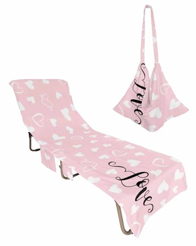 Valentine's Love Beach Chair Towel Covers for Chaise Lounge with Side Pocket, Soft Plush Pool Towels Cover for Patio Sunbathing Outdoor 29''x85'' Solid Simple Pink Romantic Heart