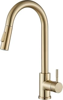 Suguword Brushed Gold Kitchen Tap, Pull Down Sprayer Tap with High Arc Spout, Single Handle Stainless Steel Mixer Tap, Dual Function Spray Head
