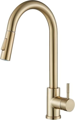 Suguword Brushed Gold Kitchen Tap Pull Down Sprayer Tap with High Arc Spout Single Handle Stainless Steel Mixer Tap Dual Function Spray Head