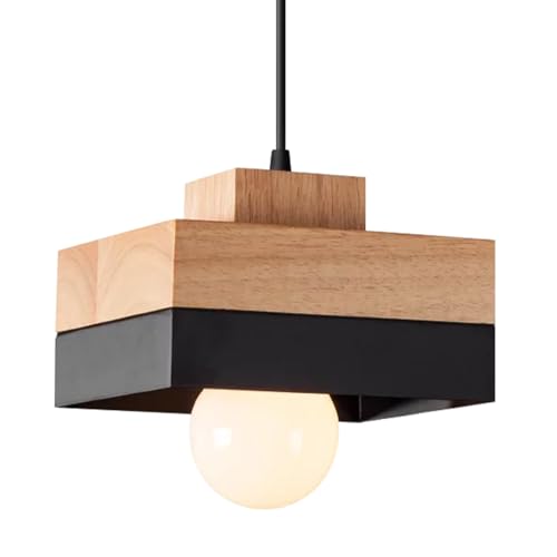 WOTTES Lámpara Colgante Cuadrada Madera Retro luminaria Techo Vintage E27 Iluminación Interior Luces de Araña Pantalla Metal Industrial Moderna para Salón Dormitorio Cocina (Negro)