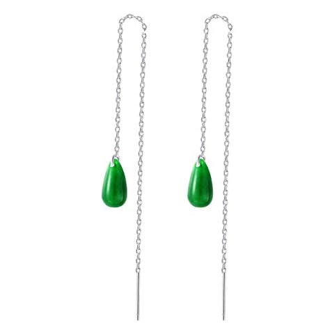 MIYUAN Women 925 Silver Jade Retro Long Tassel Dangle Drop Jade Classical Earrings Cover