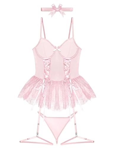 Image of Mixxmix Women Sexy Lingerie Set Naughty Lace Up Corset Bodysuit Underwire Lingerie Babydoll With Garter Belt and Bow Tie