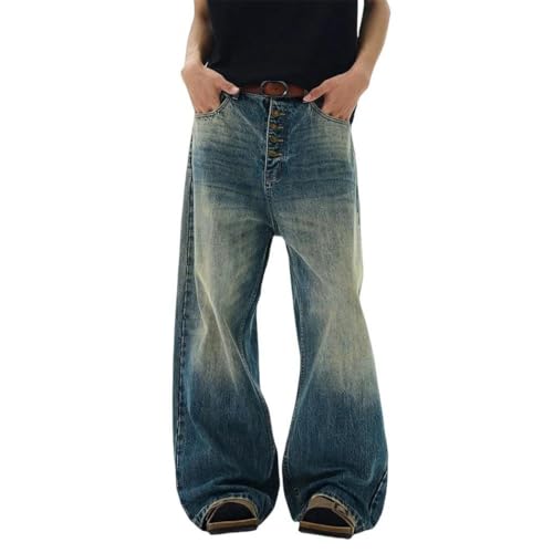 Men’s Single Breasted Distressed Denim Jeans, Vintage Gradient Color, Wide Leg, Loose Fit2