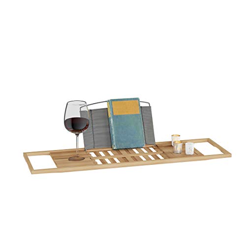 Lavish Home Bamboo Bath Caddy-Natural Wood Bathtub Tray with Extending Sides, Secure Cupholders
