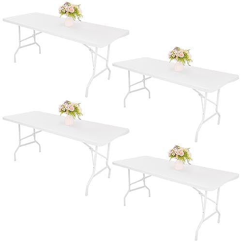 JALANCY 4 Pack Spandex Tablecloth Table Top Cap Cover Washable Elastic Rectangle Tablecloth for 6 FT Folding Tables for Indoor Outdoor Party (72 x 30 Inches, White)