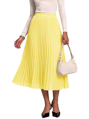 Urban CoCo Women's A Line Elastic Wasit Chiffon Midi Skirt Flare Pleated Skirts with Pockets (Yellow, L)
