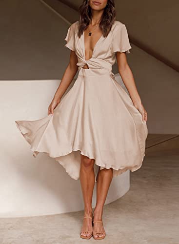 Image of miduo Womens Satin V Neck Ruffle Short Sleeve Tie Front High Waist Midi A-Line Maxi Dresses