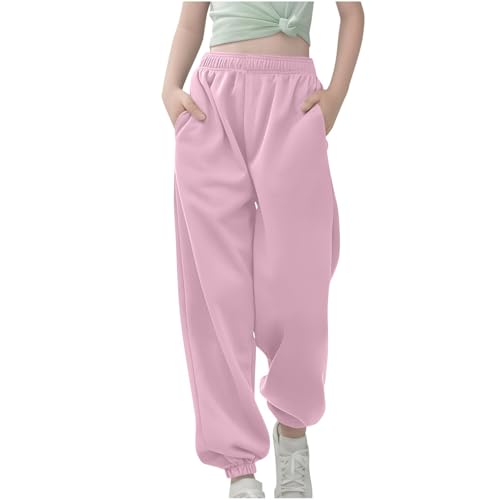 Pantalón de chándal casual para niñas de color sólido con cordón para niñas de talla mediana y grande, Rosa., 13-14 años