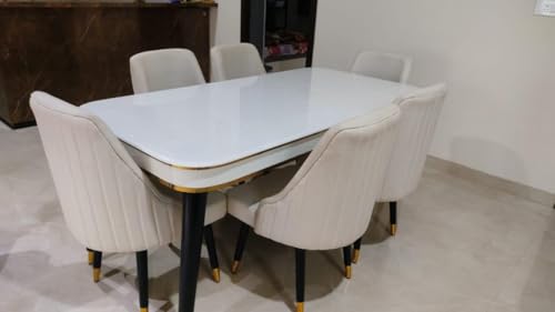 Image of WOODEN SPACE 6-Seater Wooden Dining Table Set | Nano Composite Marble Top | Solid Wood Base | Modern Dining Room Furniture with 6 Chairs (Beige)