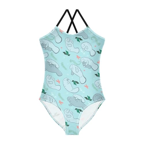 Manatees Girls One Piece Swimsuits Algae Green Sport Halter Swimwear Beach Bathing Suit 9-10T