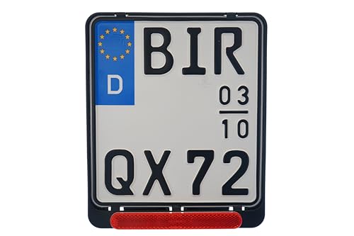 1x Kennzeichenhalter DE Für Kennzeichen im Format 180 x 200 mm 18 x 20 cm (für Motorrad Roller) Material Kunststoff Schwarz (Unlackiert) Mit Rückstrahler Reflektor mit Zulassung